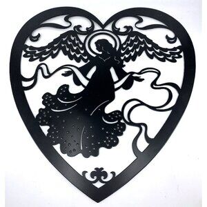 Metal Art Wall Hanging Sign Angel Black Heart Powdered Coated 17" Tall